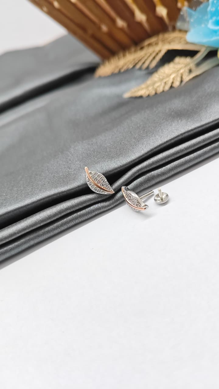 925 Silver Double Tone Colour Leaf Design With White Stone Earrings