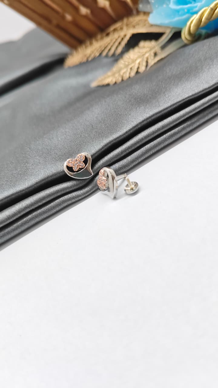 925 Silver Double Tone Colour Butterfly Inside Heart Design With White Stone Earrings