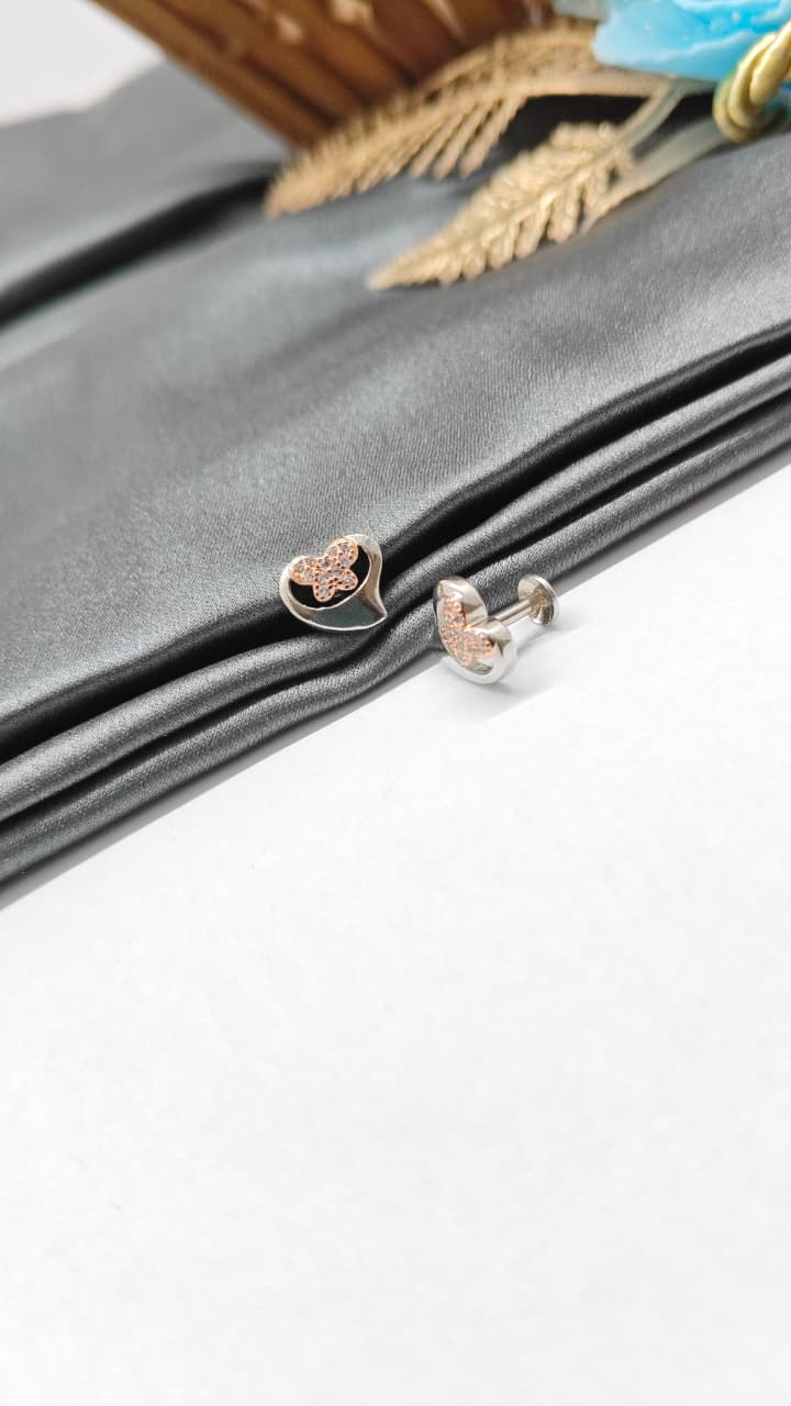 925 Silver Double Tone Colour Butterfly Inside Heart Design With White Stone Earrings