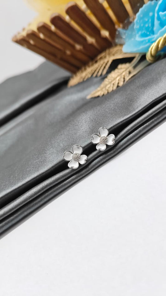 925 Silver Regular Silver Colour Flower Design White Enamel With White Stone Earrings