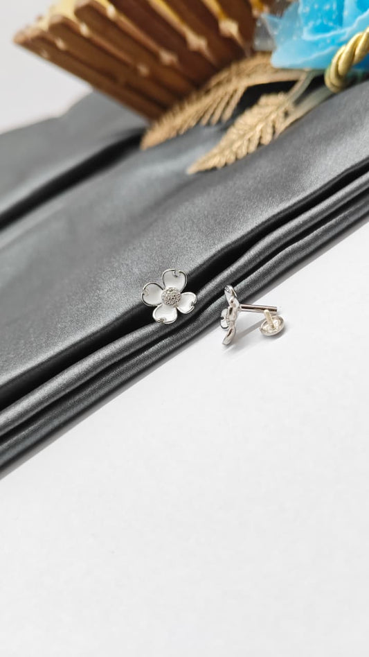 925 Silver Regular Silver Colour Flower Design White Enamel With White Stone Earrings
