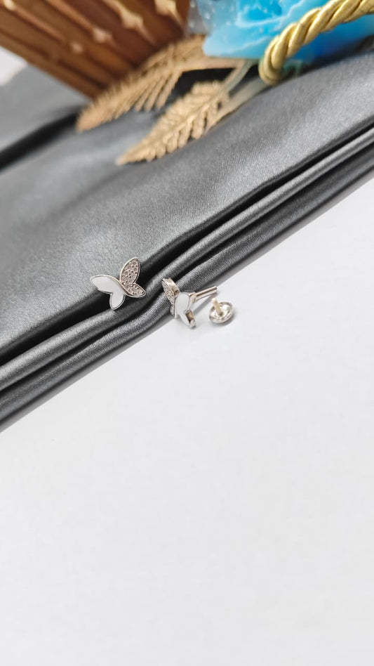 925 Silver Regular Silver Colour Butterfly Design White Enamel With White Stone Earrings