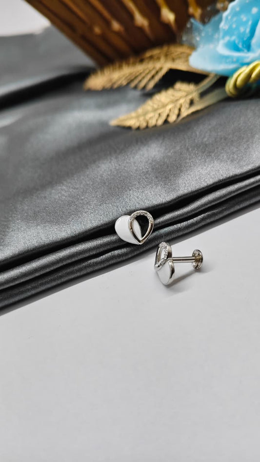 925 Silver Regular Silver Colour Heart Design White Enamel With White Stone Earrings