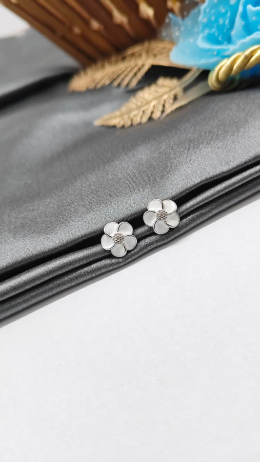 925 Silver Regular Silver Colour Flower Design White Enamel With White Stone Earrings