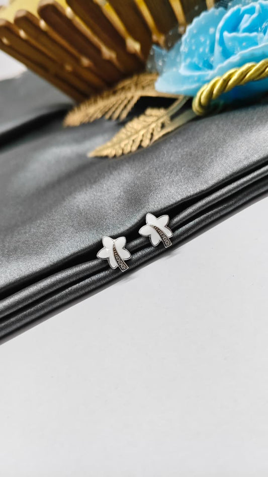 925 Silver Regular Silver Colour Leaf Design White Enamel With White Stone Earrings