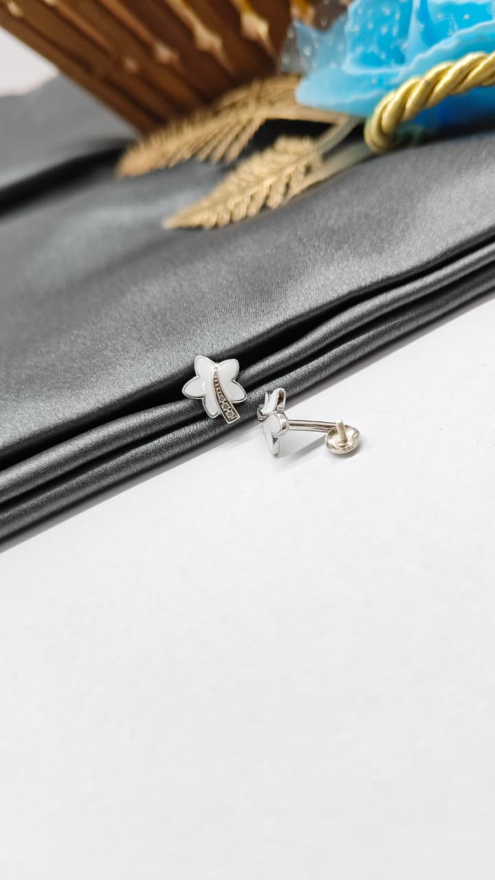 925 Silver Regular Silver Colour Leaf Design White Enamel With White Stone Earrings