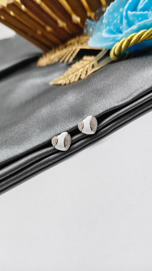 925 Silver Regular Silver Colour Heart Design White Enamel With White Stone Earrings