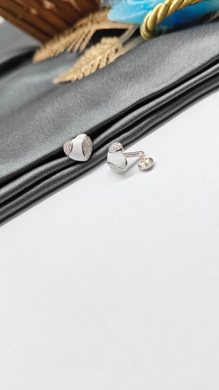 925 Silver Regular Silver Colour Heart Design White Enamel With White Stone Earrings