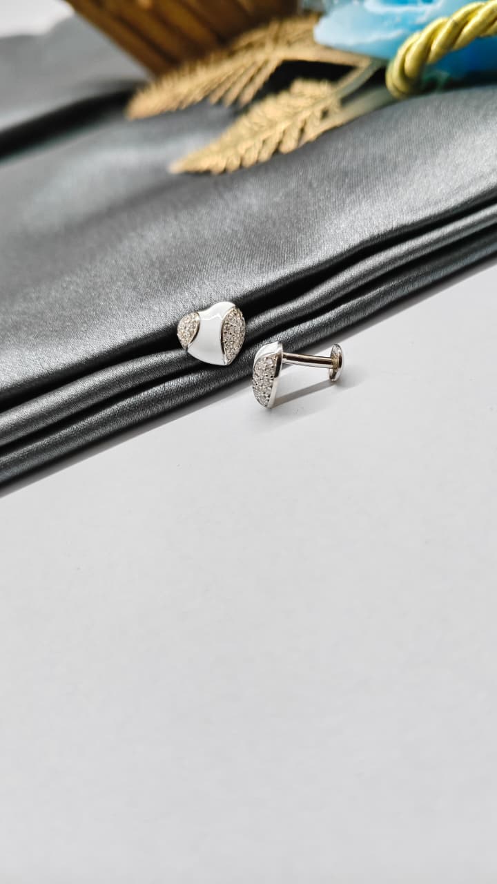 925 Silver Regular Silver Colour Heart Design White Enamel With White Stone Earrings