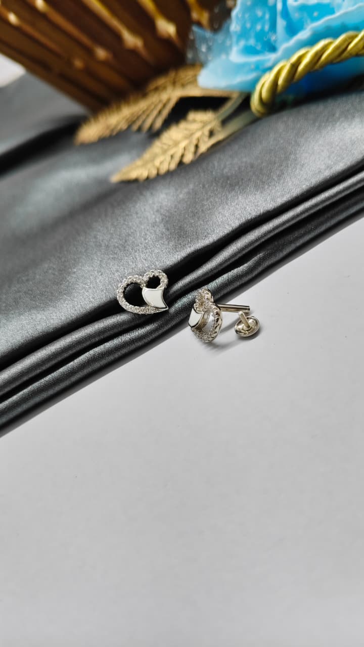 925 Silver Regular Silver Colour Heart Design White Enamel With White Stone Earrings