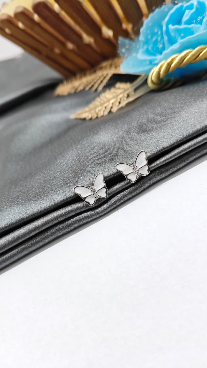 925 Silver Regular Silver Colour Butterfly Design White Enamel With White Stone Earrings
