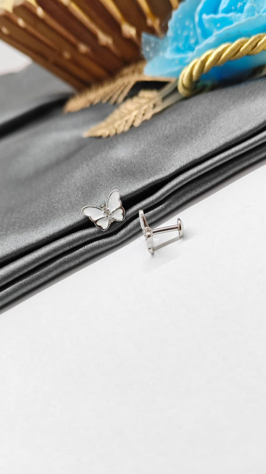 925 Silver Regular Silver Colour Butterfly Design White Enamel With White Stone Earrings