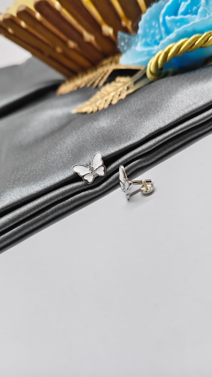 925 Silver Regular Silver Colour Butterfly Design White Enamel With White Stone Earrings