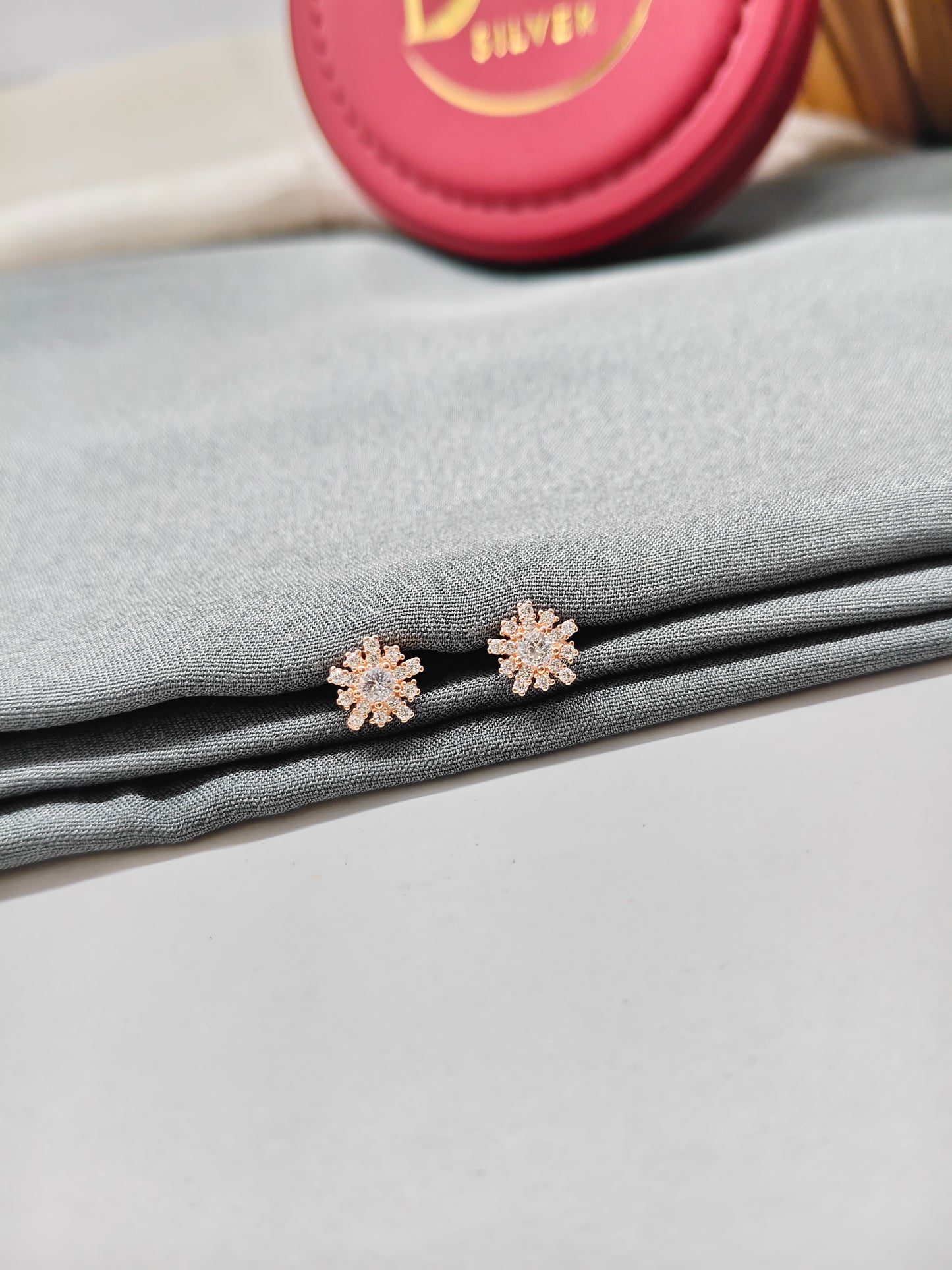 925 Silver Rose Gold Colour Small White Stone Design Earrings