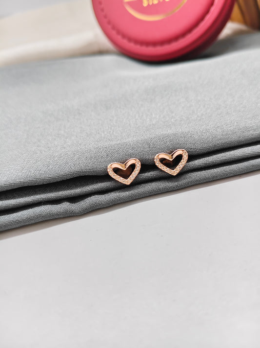925 Silver Rose Gold Colour Small White Stone Heart Design Earrings