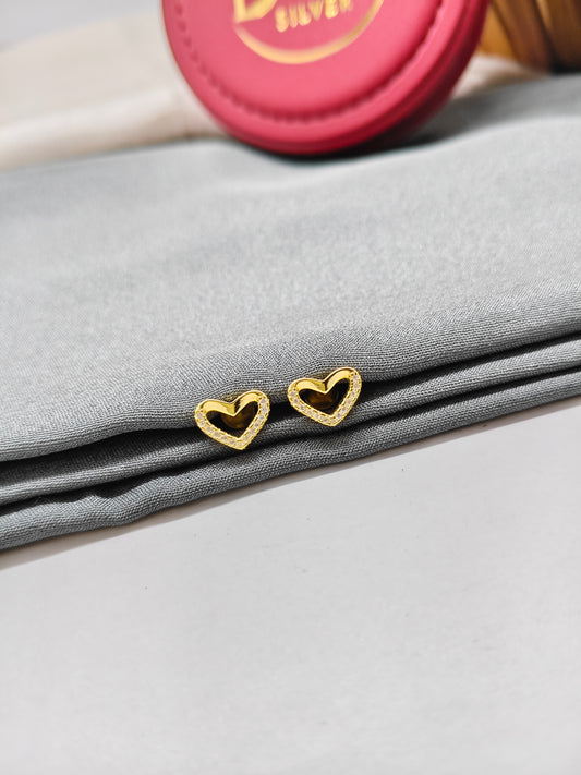 925 Silver Gold Colour Small White Stone Heart Design Earrings