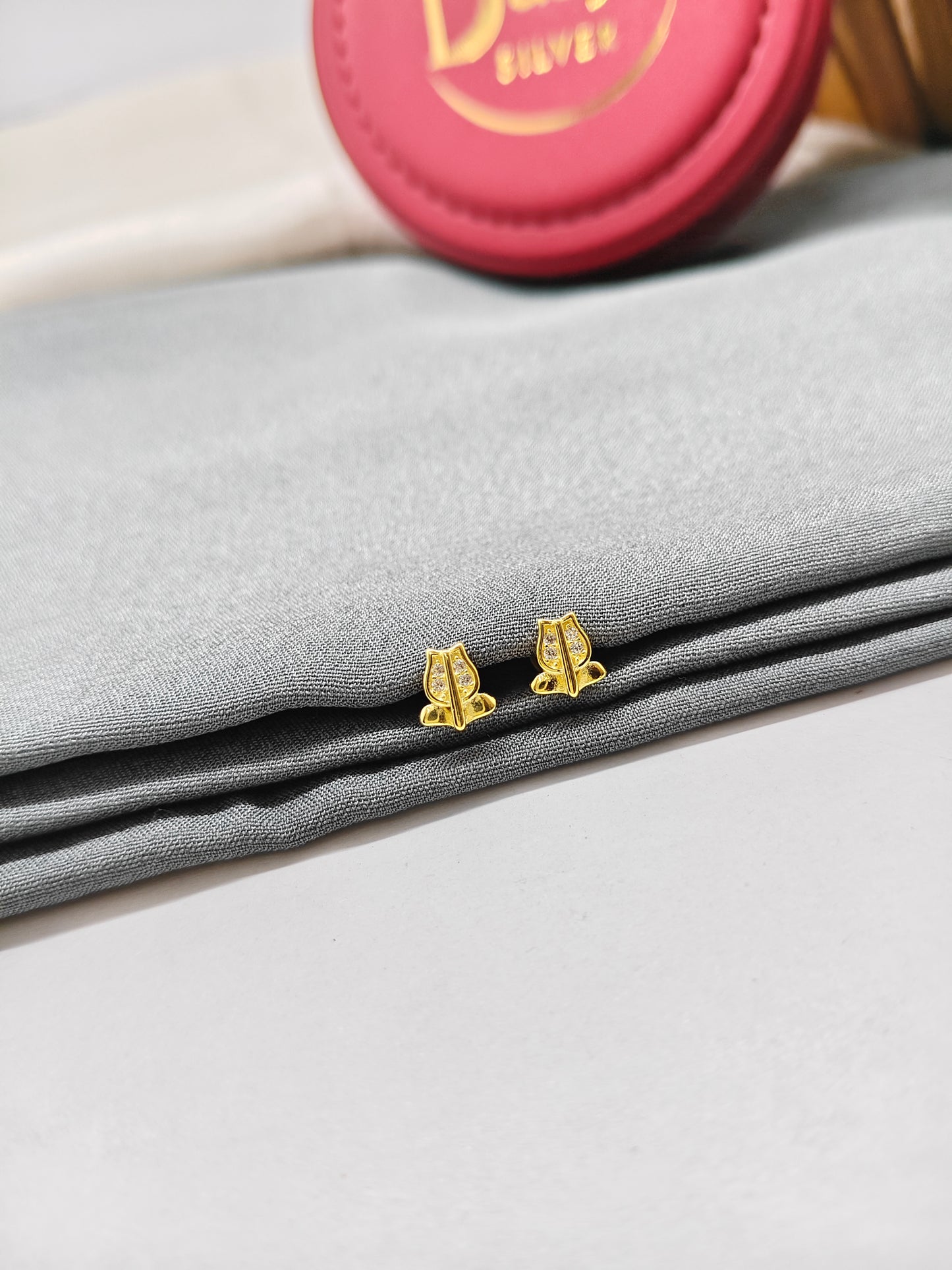 925 Silver Gold Colour Small White Stone Flower Design Earrings