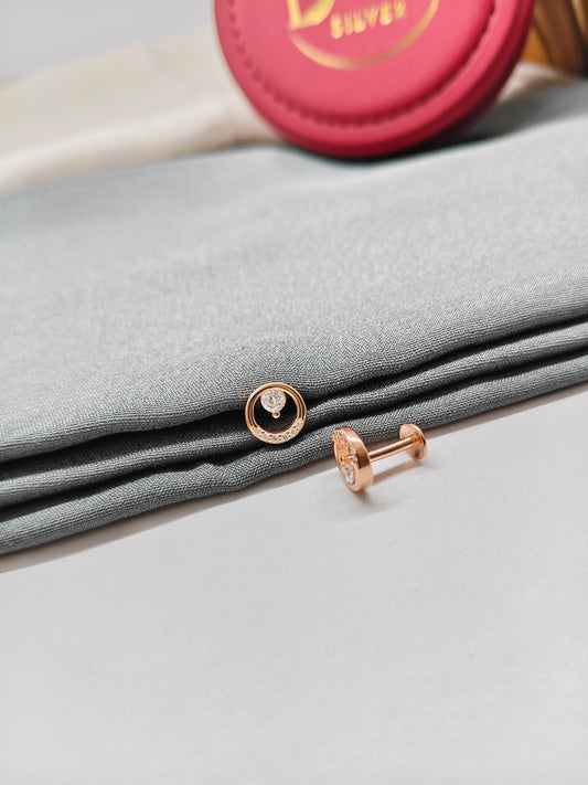 925 Silver Rose Gold Colour Small White Stone Round Design Earrings