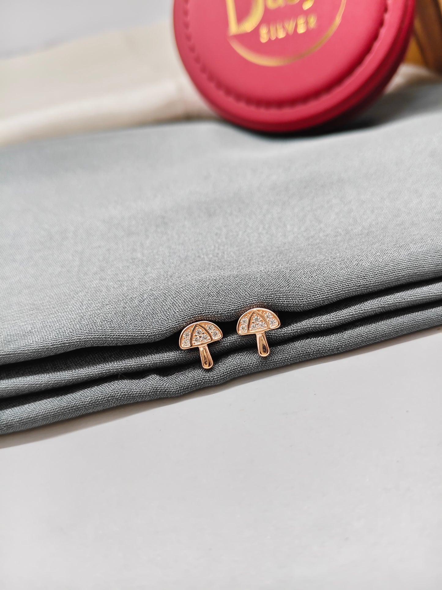 925 Silver Rose Gold Colour Small White Stone Umbrella Design Earrings