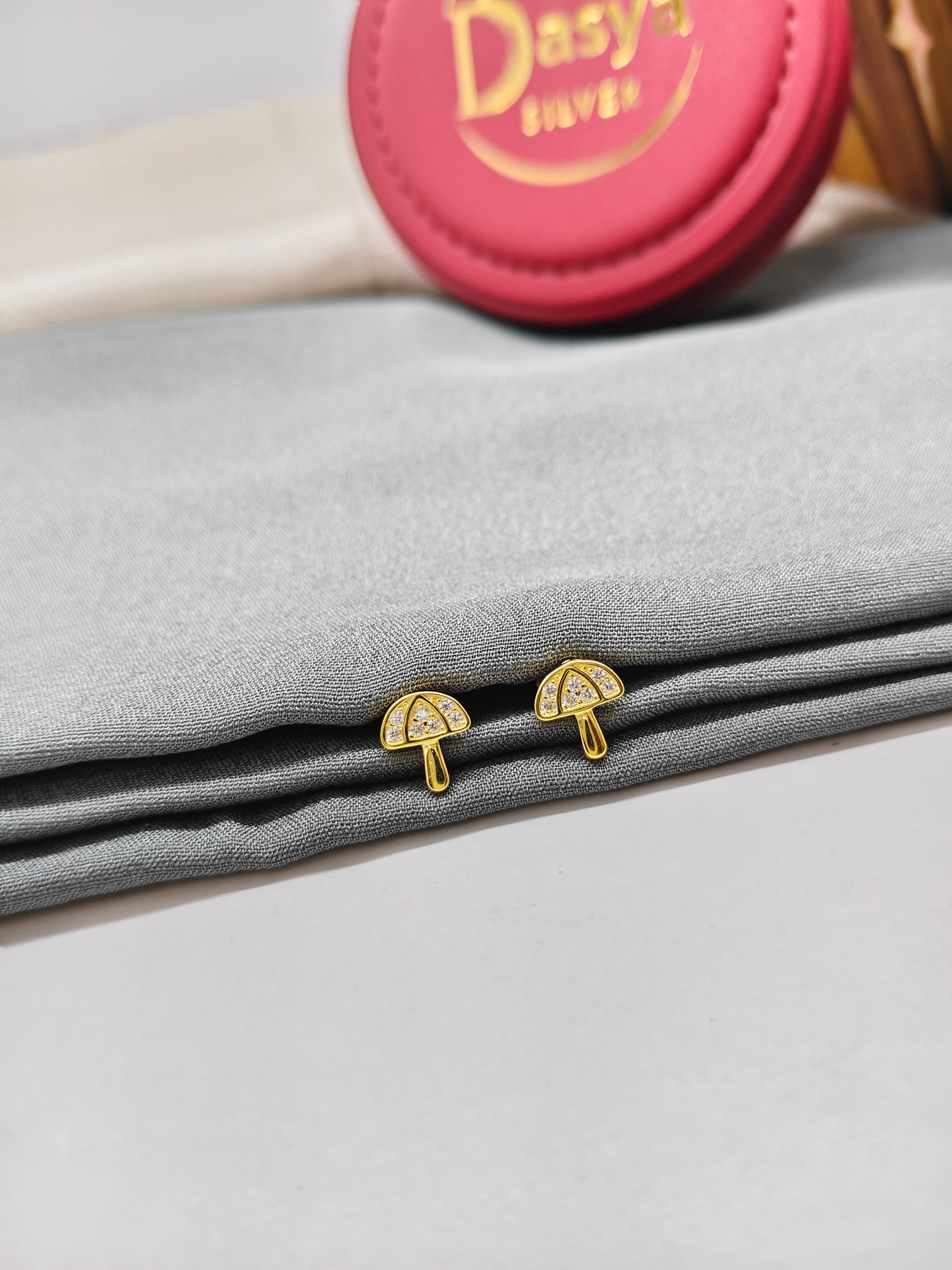 925 Silver Gold Colour Small White Stone Umbrella Design Earrings