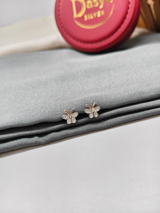 925 Silver 2 Tone Rose Gold With Regular Silver Colour Small White Stone Butterfly Design Earrings