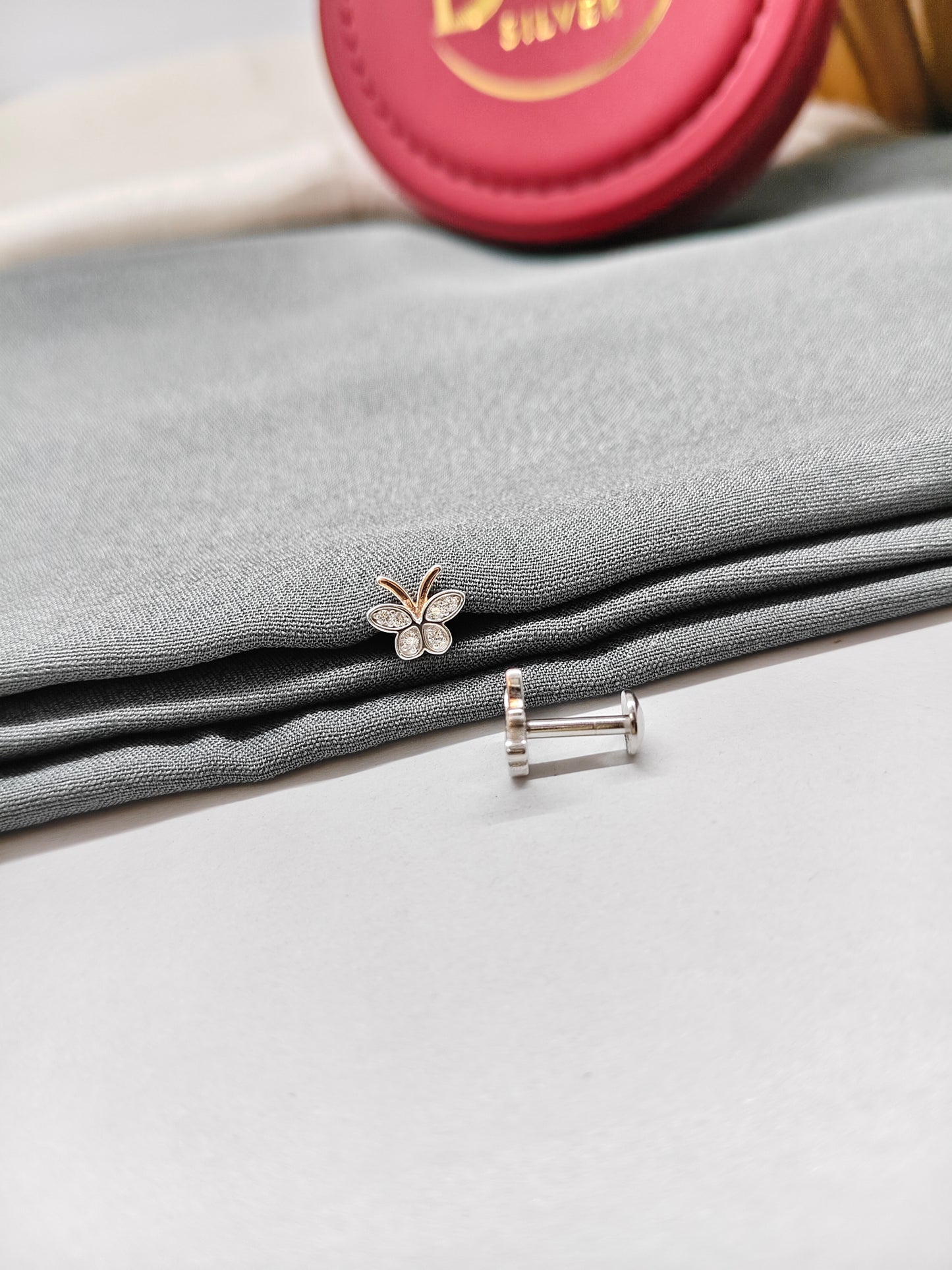 925 Silver 2 Tone Rose Gold With Regular Silver Colour Small White Stone Butterfly Design Earrings