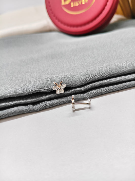 925 Silver 2 Tone Rose Gold With Regular Silver Colour Small White Stone Butterfly Design Earrings