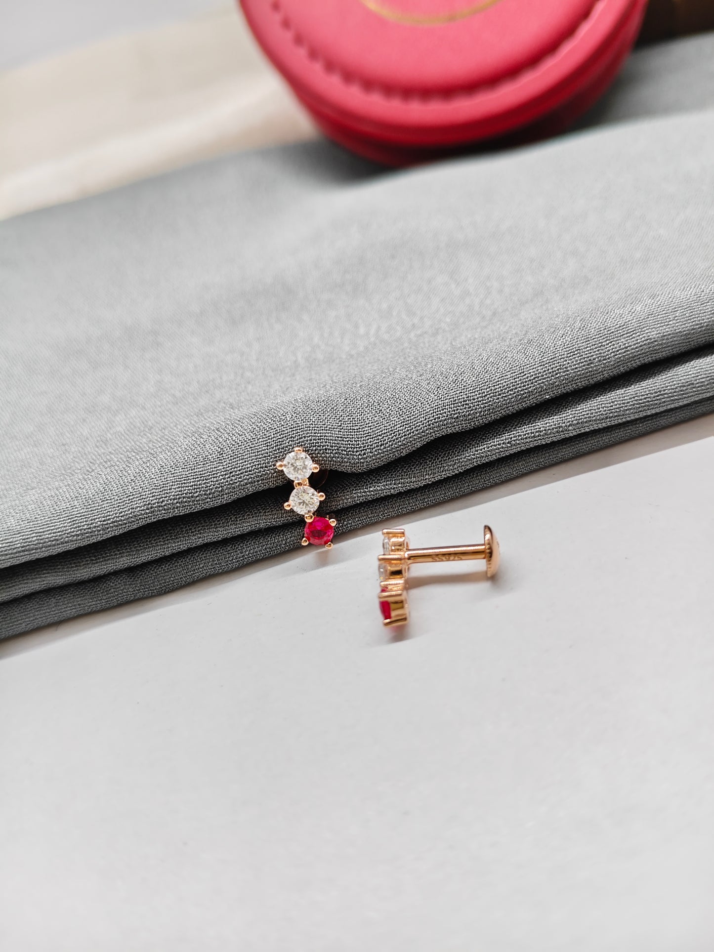 925 Silver Rose Gold 3 Dot Design White With Red Stone Earrings
