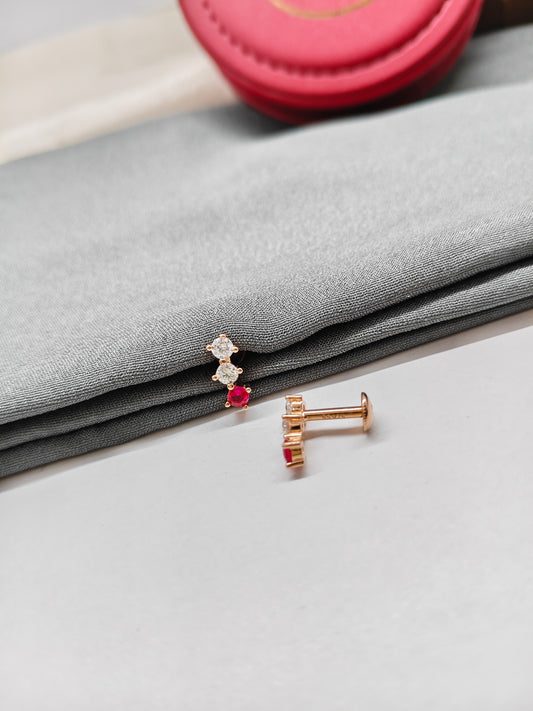 925 Silver Rose Gold 3 Dot Design White With Red Stone Earrings