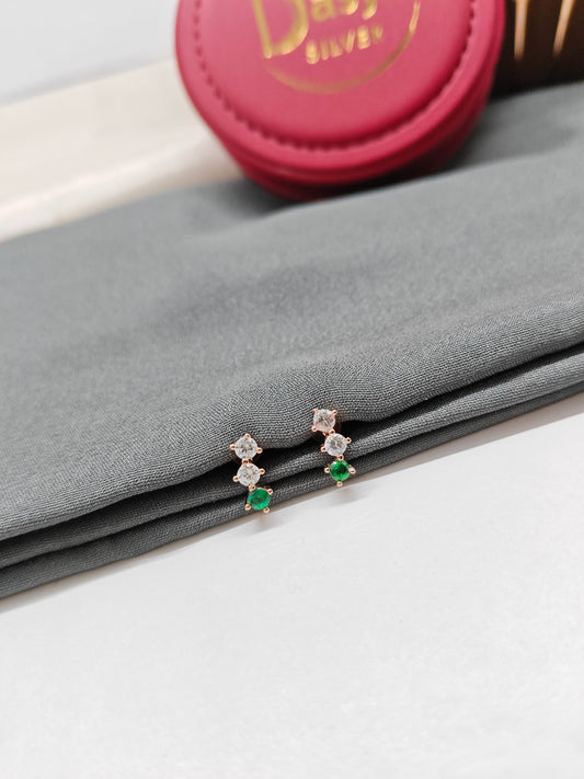 925 Silver Rose Gold 3 Dot Design White With Green Stone Earrings