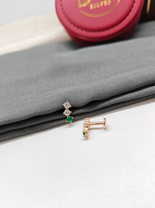 925 Silver Rose Gold 3 Dot Design White With Green Stone Earrings