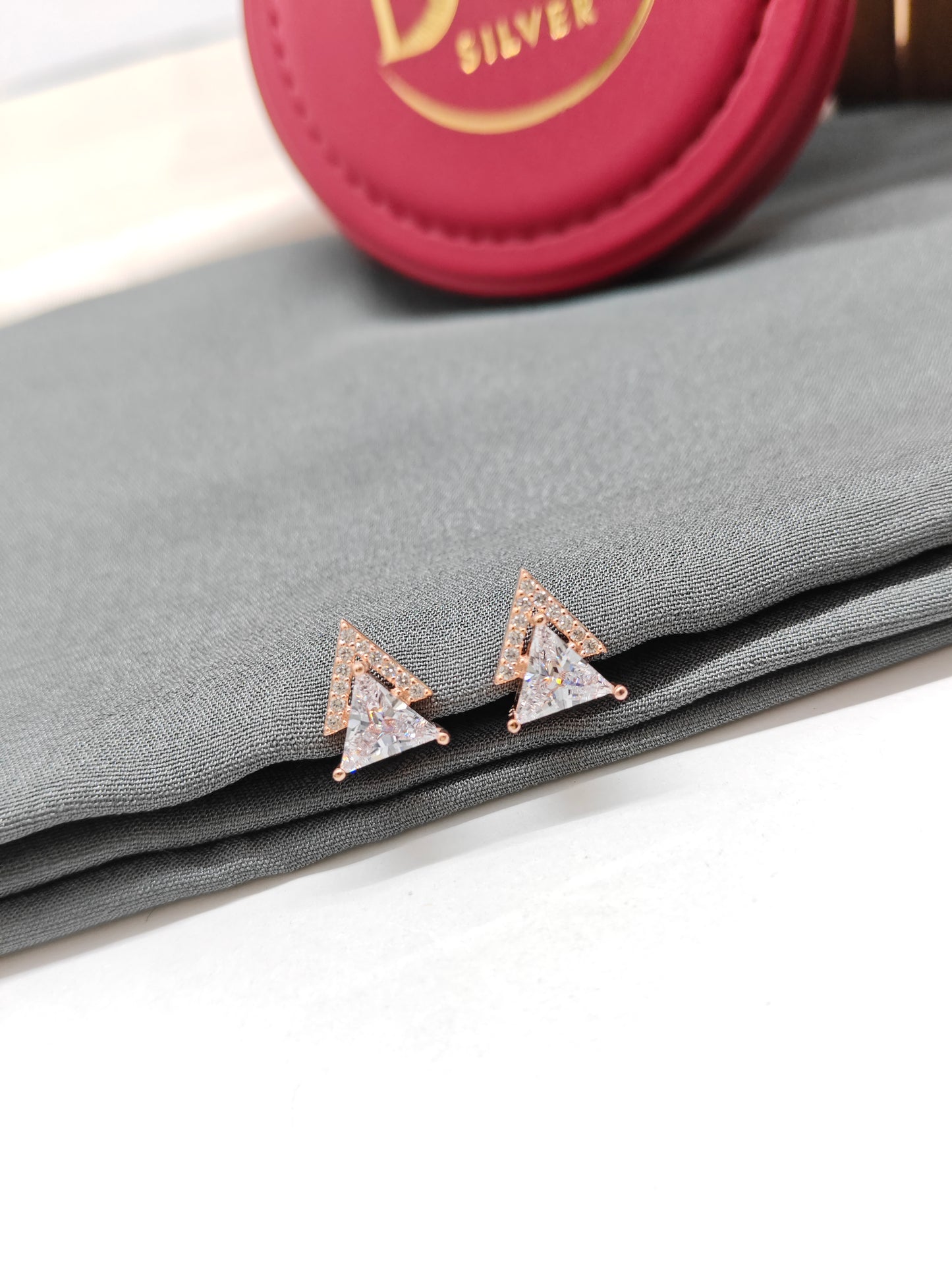 925 Silver Rose Gold Double Triangle Design White Stone Earrings