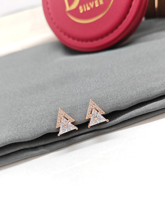 925 Silver Rose Gold Double Triangle Design White Stone Earrings