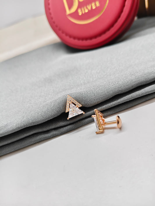 925 Silver Rose Gold Double Triangle Design White Stone Earrings