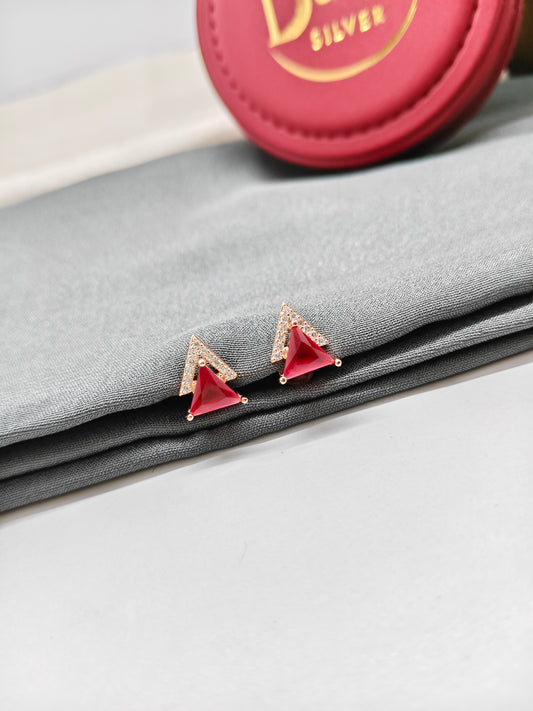 925 Silver Rose Gold Double Triangle Design White With Red Stone Earrings