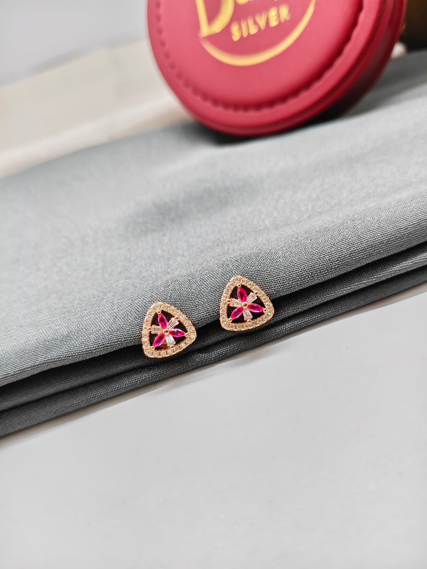 925 Silver Rose Gold Triangle Design White With Red Stone Earrings