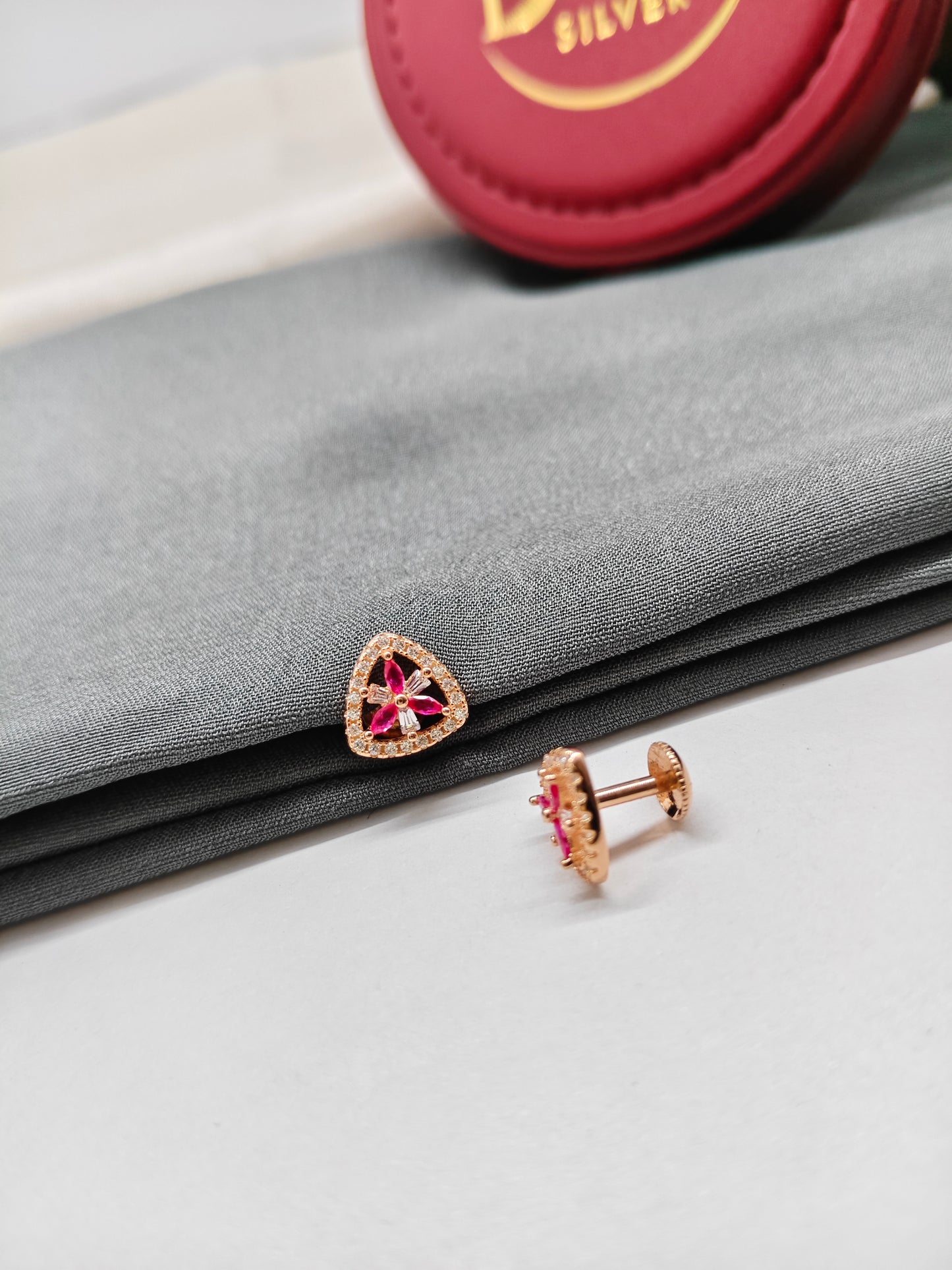 925 Silver Rose Gold Triangle Design White With Red Stone Earrings