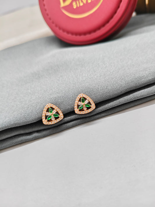 925 Silver Rose Gold Triangle Design White With Green Stone Earrings