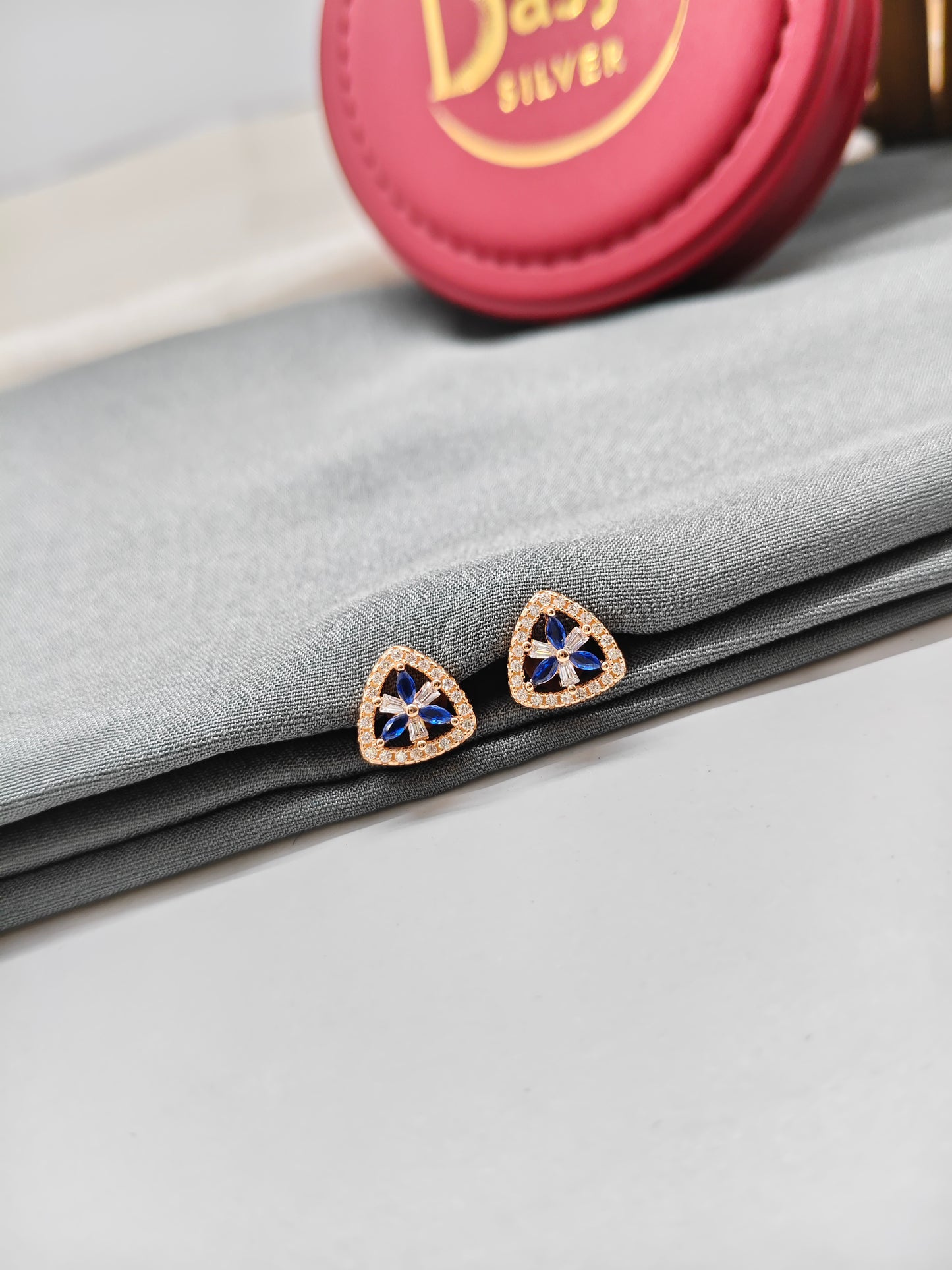 925 Silver Rose Gold Triangle Design White With Blue Stone Earrings