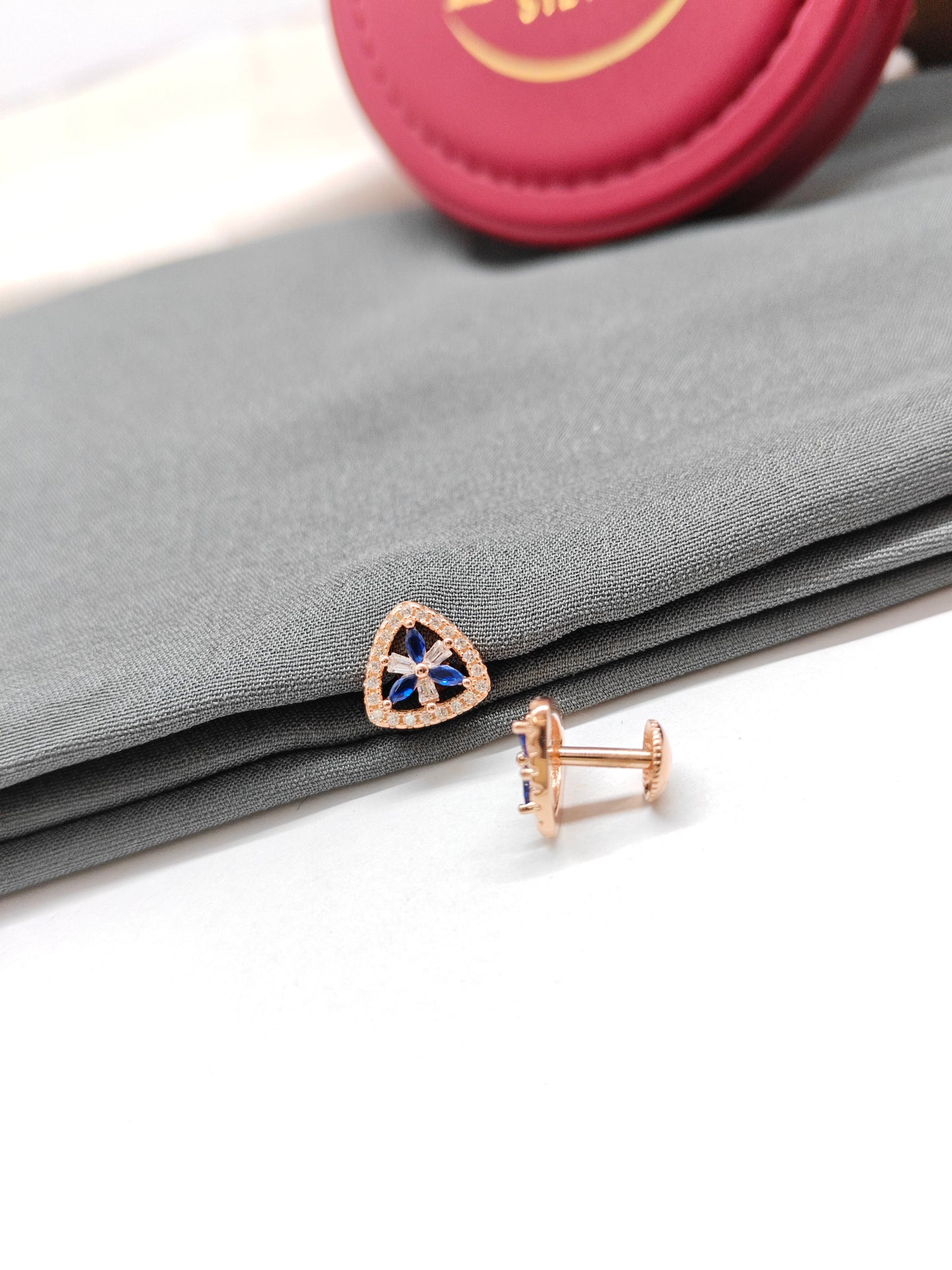925 Silver Rose Gold Triangle Design White With Blue Stone Earrings
