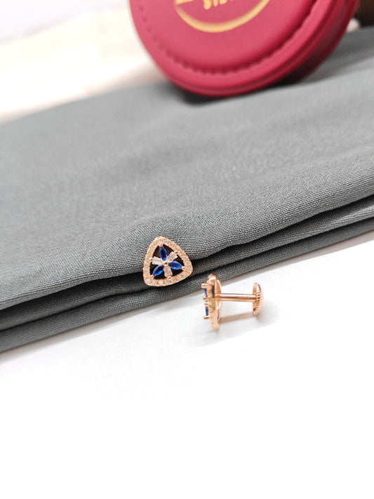 925 Silver Rose Gold Triangle Design White With Blue Stone Earrings