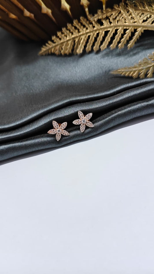 925 Silver Rose Gold Flower Design White Stone Earrings