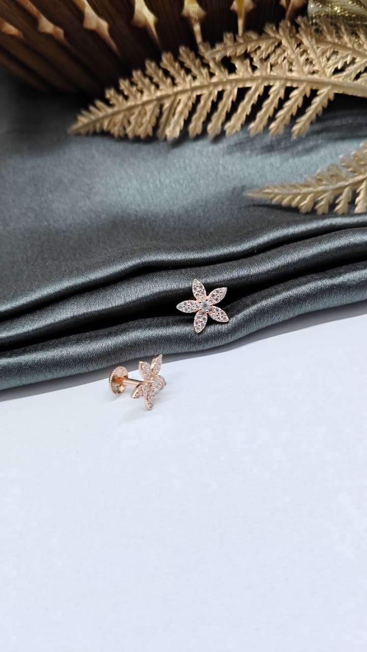 925 Silver Rose Gold Flower Design White Stone Earrings
