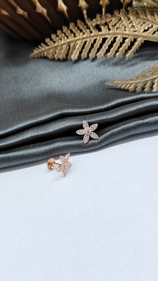 925 Silver Rose Gold Flower Design White Stone Earrings