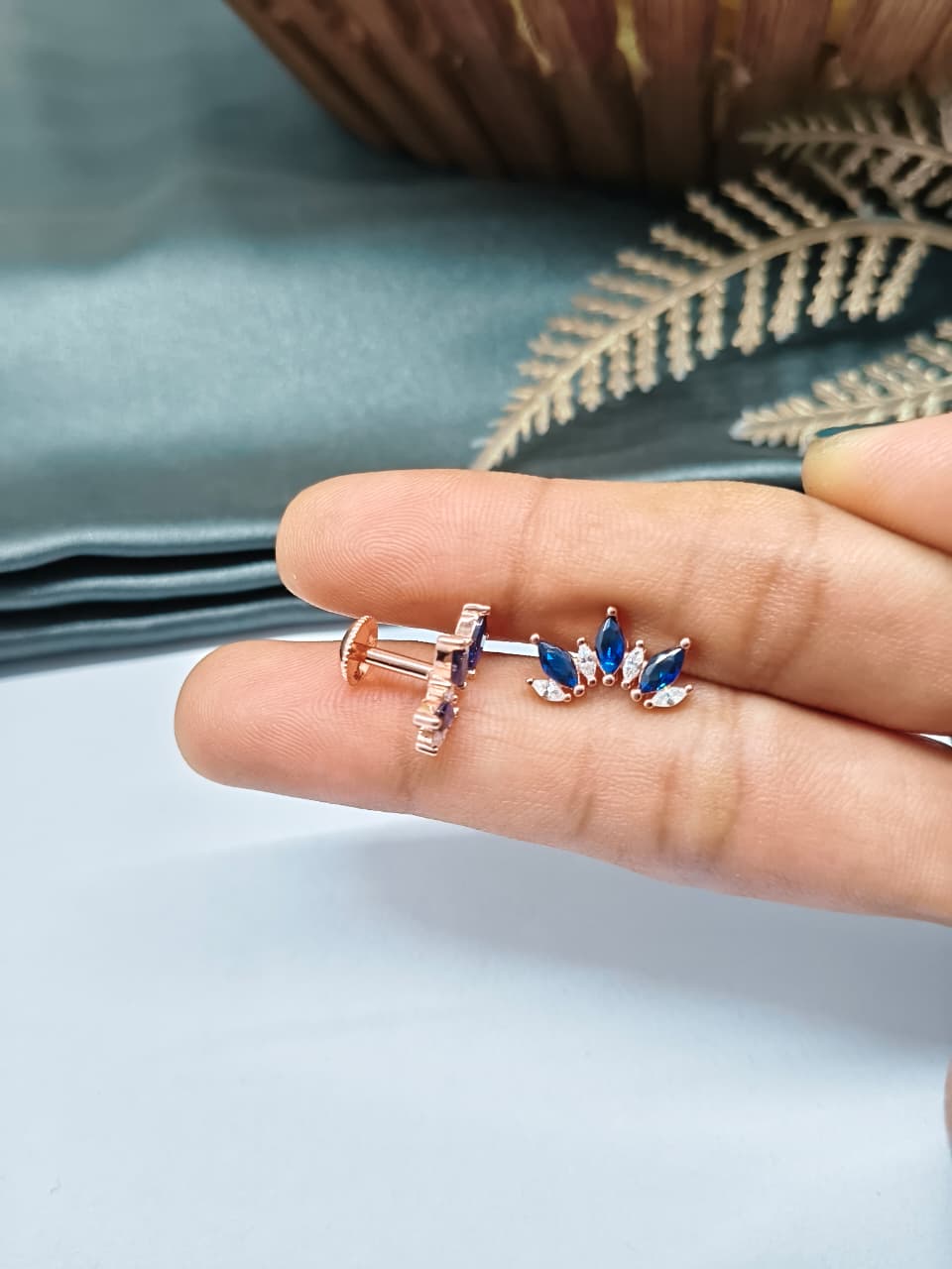 925 Silver Rose Gold 4 White Stone With 3 Blue Stone Half Design Earrings