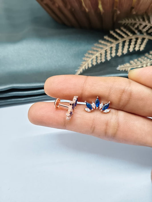 925 Silver Rose Gold 4 White Stone With 3 Blue Stone Half Design Earrings