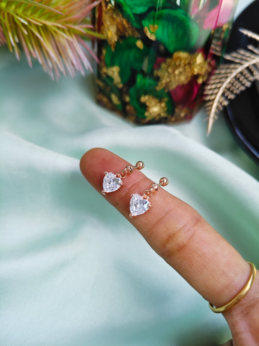 925 Silver Rose Gold Heart Hanging Design With Single White Stone Bugadi Earrings