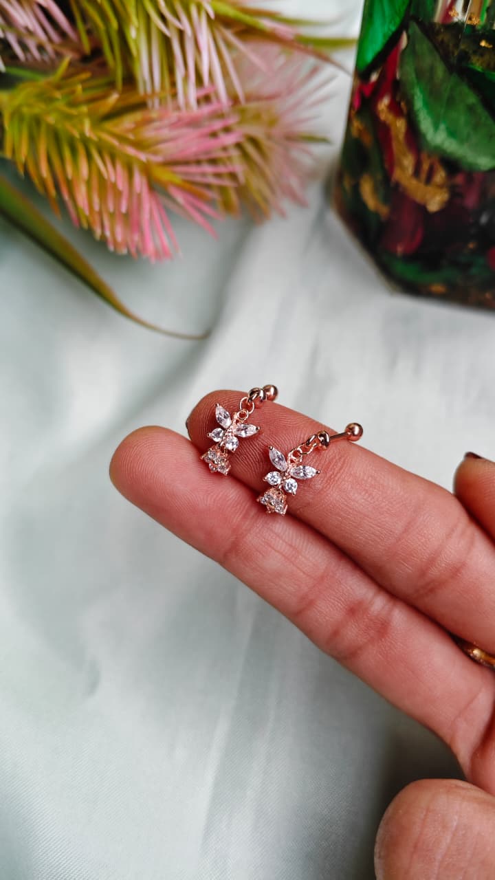 925 Silver Rose Gold Hanging Butterfly Design With White Stone Bugadi Earrings