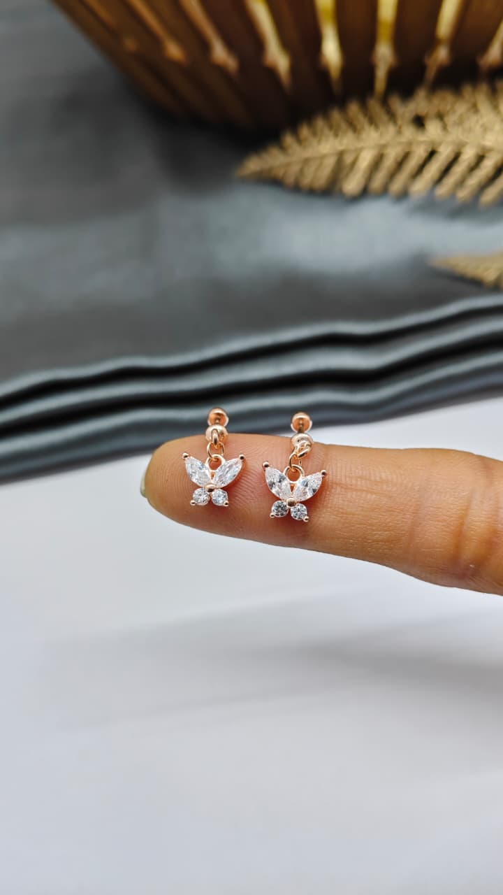 925 Silver Rose Gold Hanging Butterfly Design With White Stone Bugadi Earrings
