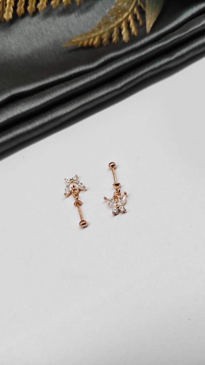 925 Silver Rose Gold Hanging Butterfly Design With White Stone Bugadi Earrings